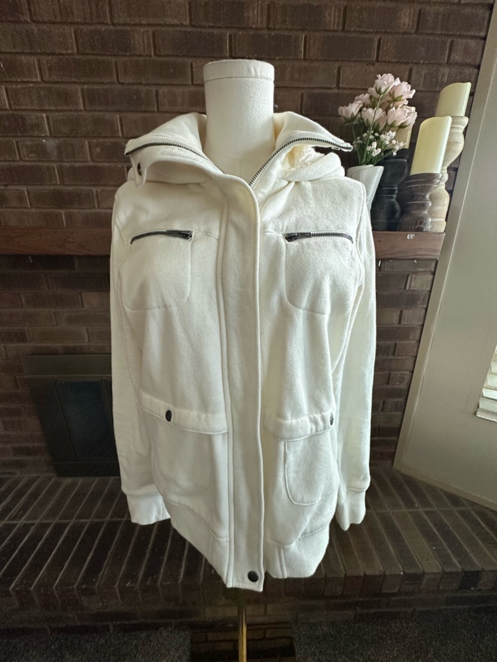 ROXY Off White Utility Fleece Hooded Cargo Jacket L